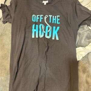 LuLaRoe Black T-Shirt with Blue 'Off the Hook' Graphic
